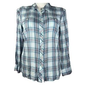 Maurices Top LARGE Blue Pink Black Plaid Button Collar Long Sl Casual Work Comfy
